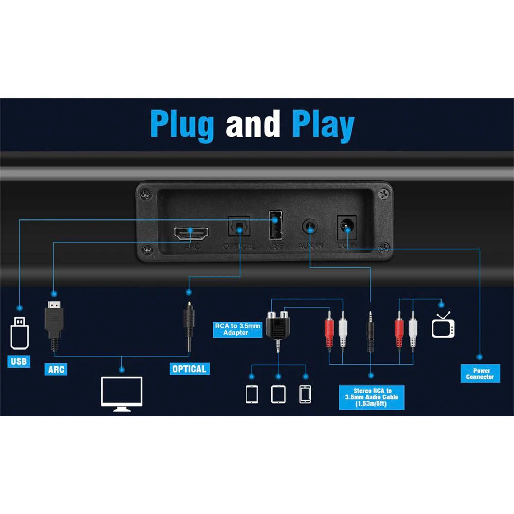 HDMI-compatible 37-inch Bluetooth soundbar for LED TV Wall mountable Home Theater 3D surround sound optical SPDIF ARC detachable