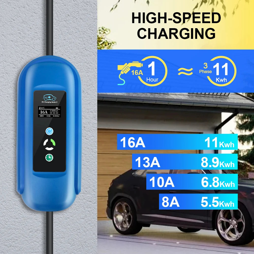 Mobile EV Charger 16A 11KW Type 2 IEC-62169 Plug Adjust Current Timer Charging For Hybrid Eletric Vehicle Cars 5M Cable