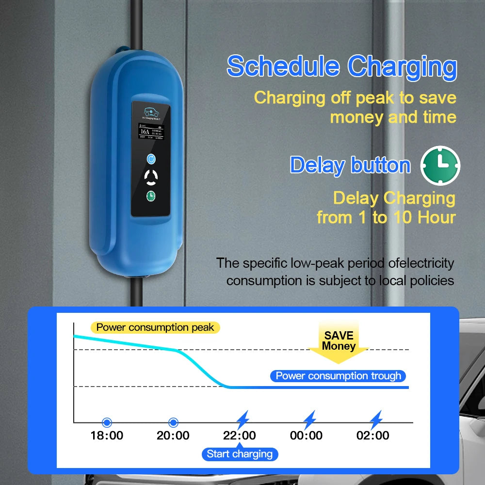 Mobile EV Charger 16A 11KW Type 2 IEC-62169 Plug Adjust Current Timer Charging For Hybrid Eletric Vehicle Cars 5M Cable