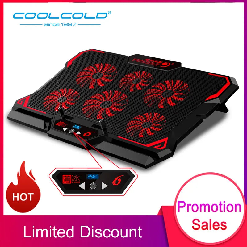 COOLCOLD 17inch Gaming Laptop Cooler Six Fan Led Screen Two USB Port 2600RPM Laptop Cooling Pad Notebook Stand For Laptop