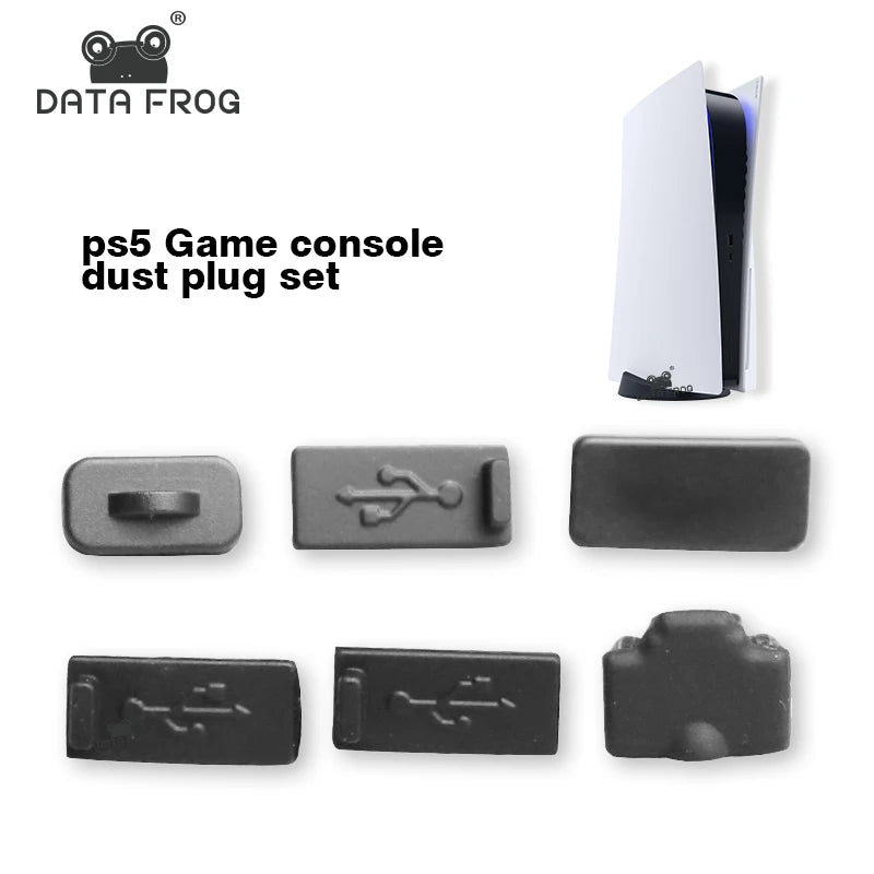 DATA FROG 6PCS Black Silicone Dust Plugs Set for PS5 Game Console USB Interface Cover Dustproof Plug for PS5 Accessories