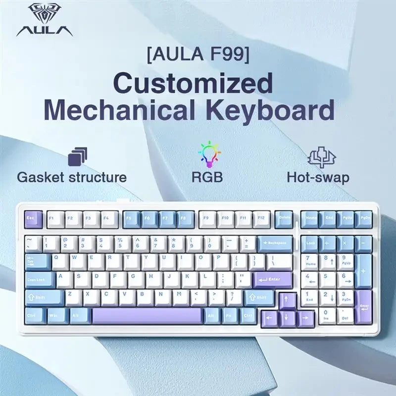 Aula F99 Gaming Mechanical Keyboard Three Mode 2.4g Wireless Bluetooth Wired Hot Swap PBT Gasket RGB For Games Typing 99 Keys