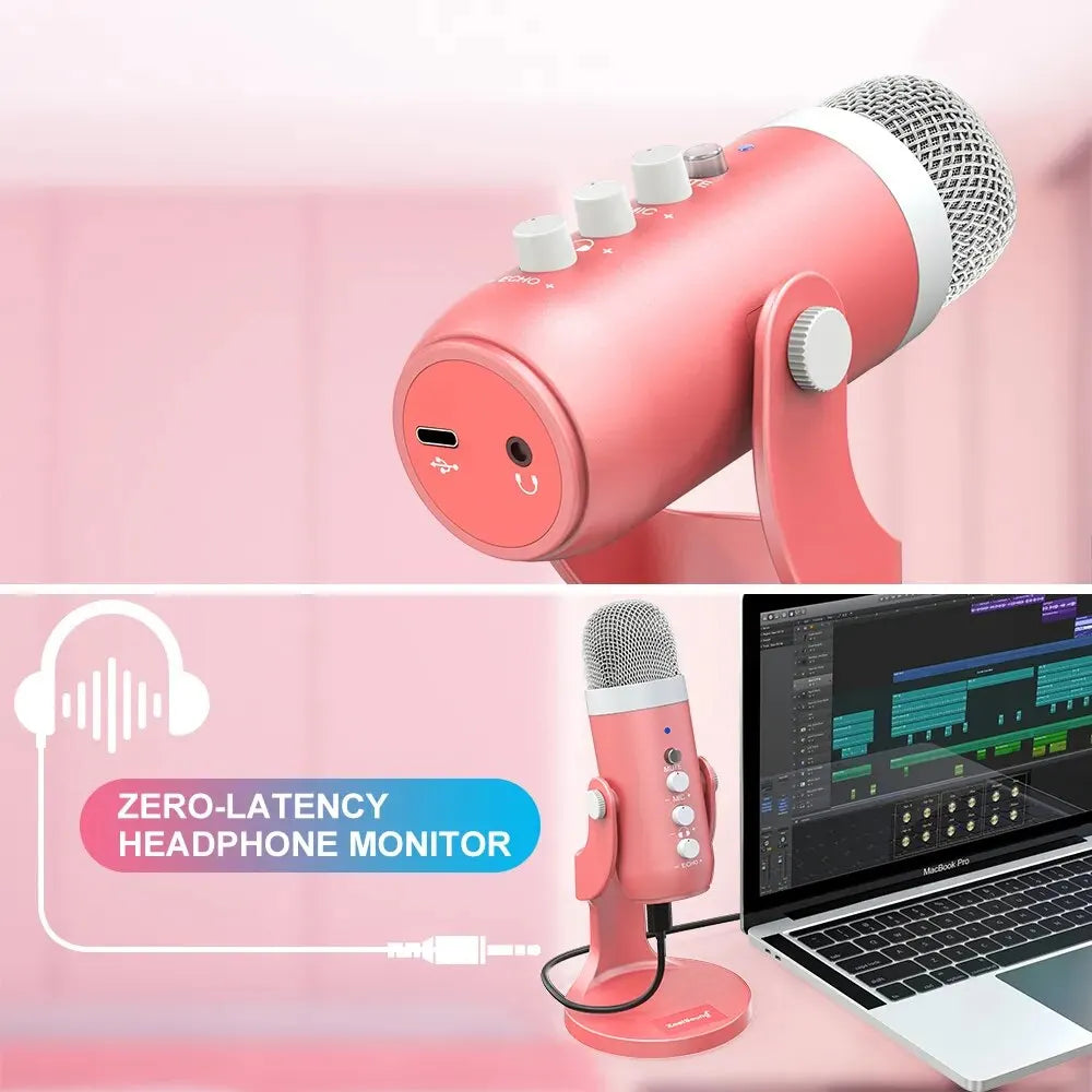 USB Condenser Microphone Pink Studio Recording Mic for PC Mac Computer Phone Gaming Streaming Podcasting Vocals Laptop Desktop