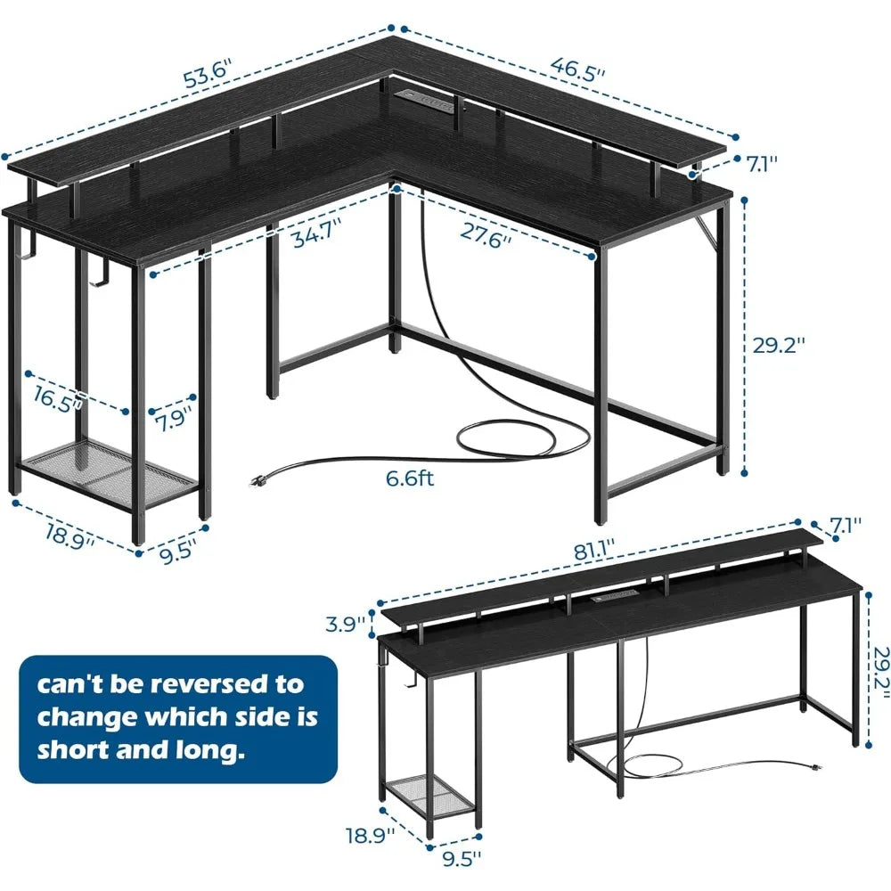 L Shaped Gaming Desk with Power Outlets & LED Lights, Computer Desk with Monitor Stand & Storage Shelf,