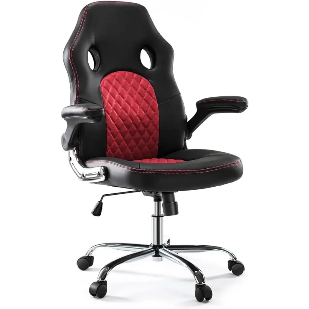 Gaming Ergonomic Desk Flip Armrests and Lumbar Support PU Leather Adult Executive Middle Back Computer Chair, Red