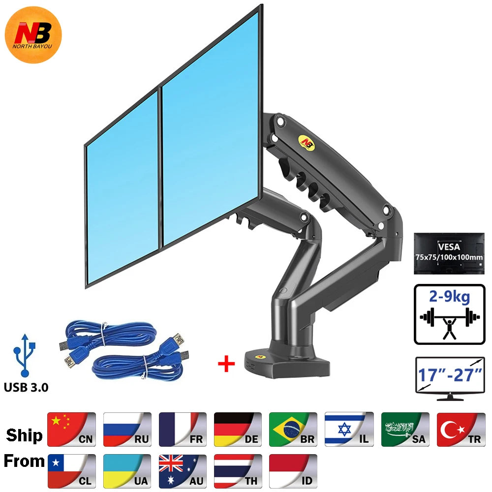 NB F160 Gas Spring 360 Degree Desktop 17"-27" Dual Monitor Holder Arm with USB3.0 Monitor Mount Bracket Load 2-9kg each