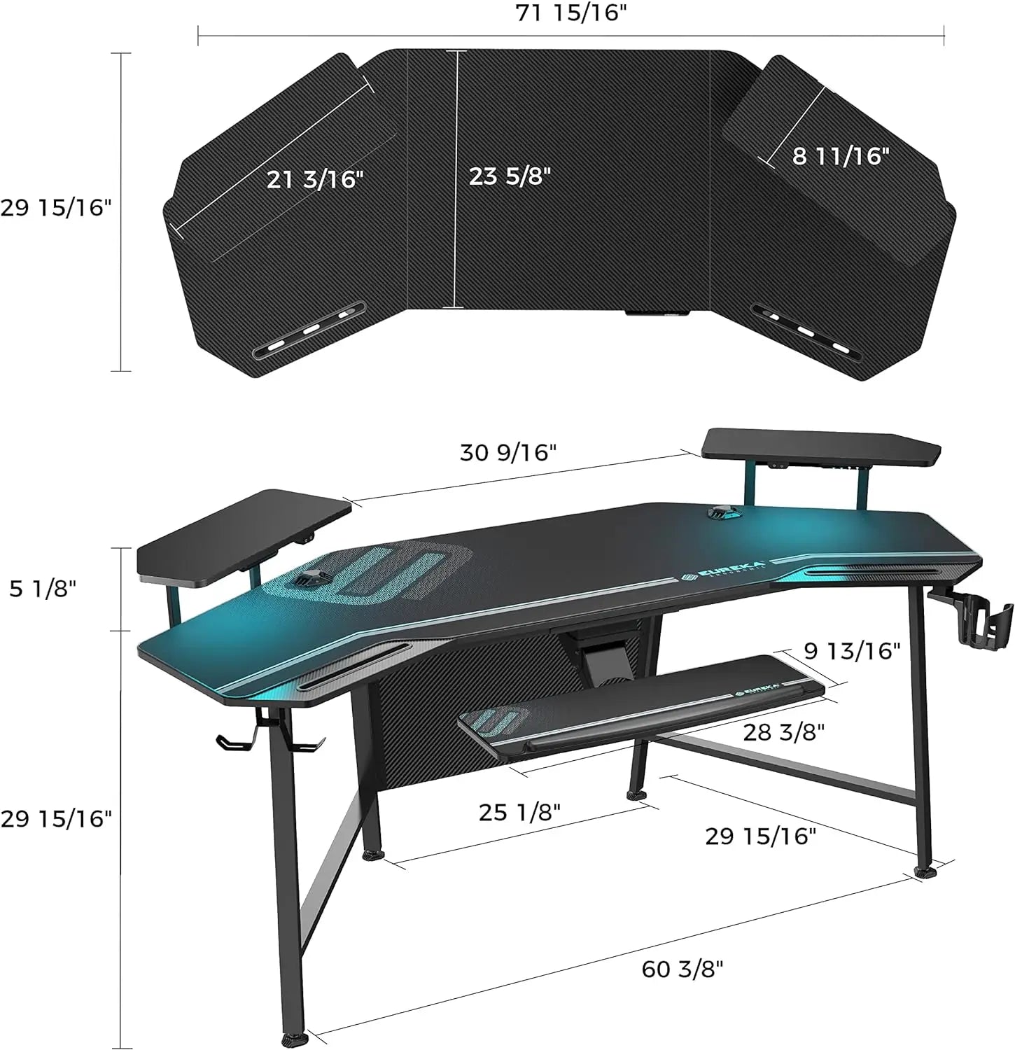 Gaming Desk with Led Lights, 72" Large Wing-Shaped Studio Desk W Keyboard Tray Monitor Stand Dual Headphone Hanger Cup Holder