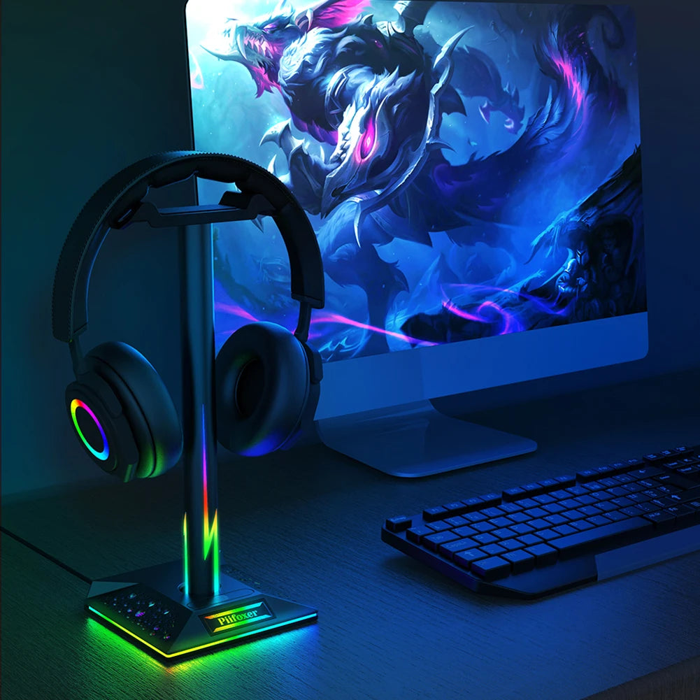 Eb01-b Rgb Gaming Headphone Supports Lighting Headphone Hanger with Dual USB Interface Desktop Holder Support USB Headset