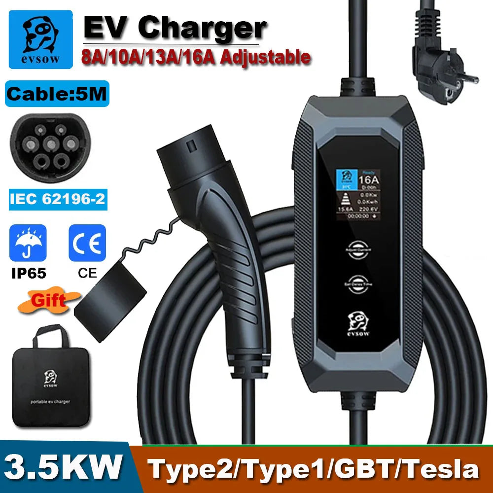 evsow Portable EV Charger Type2 16A 3.5KW 1Phase Electric Car Charger 5m Charging Cable Type1 GBT Wallbox EVSE Charger Station