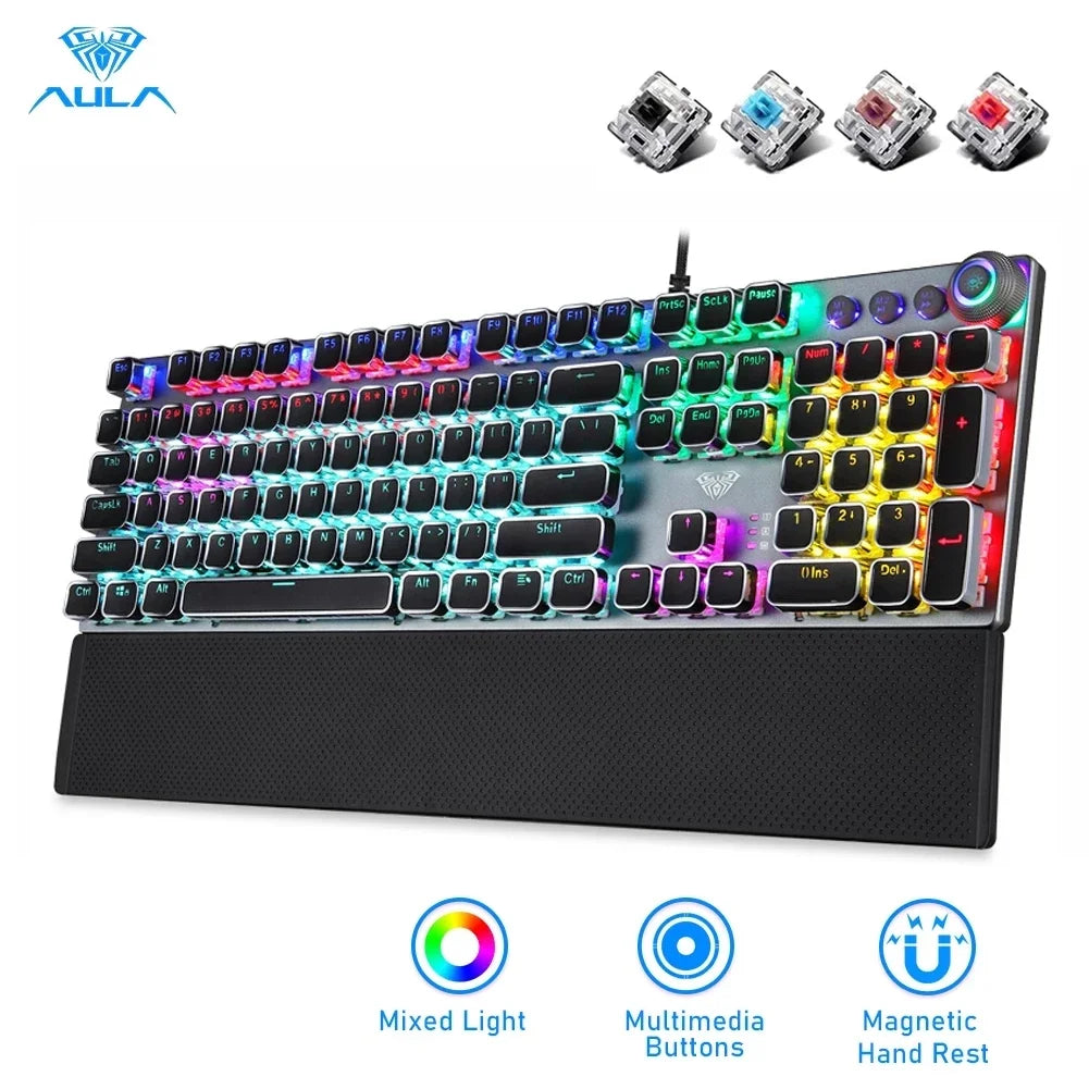 AULA Gaming Mechanical Keyboard Retro Square Glowing Keycaps Programmable Macro Backlit USB Wired Anti-ghosting Gaming Keyboard#