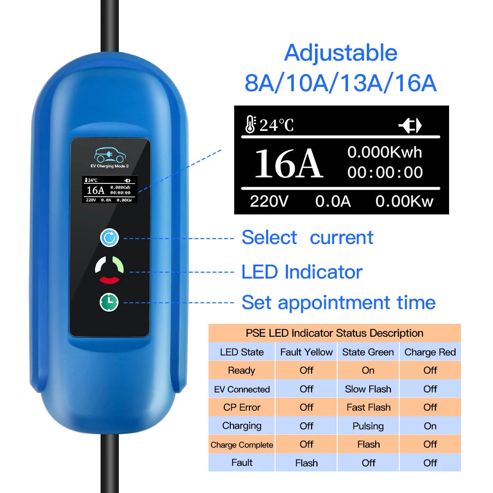 Mobile EV Charger 16A 11KW Type 2 IEC-62169 Plug Adjust Current Timer Charging For Hybrid Eletric Vehicle Cars 5M Cable