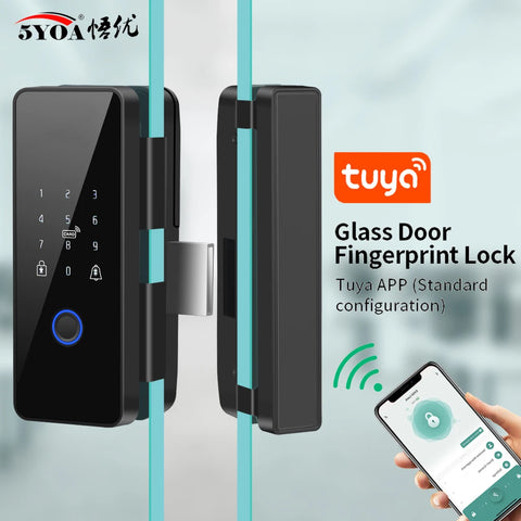 Tuya APP Glasses Fingerprint Lock Bluetooth Smart Glass Door Biometric Electronic Door Lock 13.56Mhz RFID Remote Control Unlock