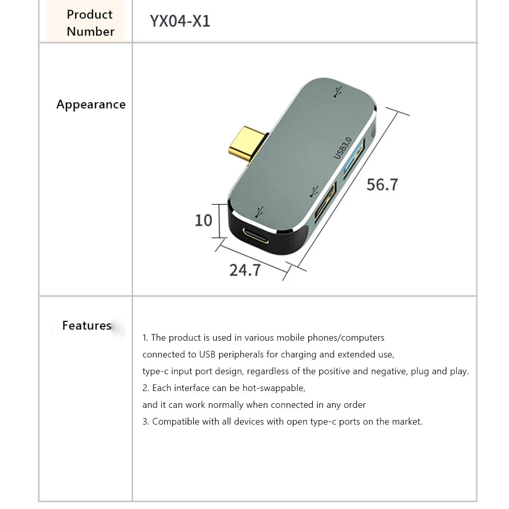 Multi-function 6 in 1 Type-C Hub 3.55mm Jack PD100W USB3.0/USB2.0/USB3.1 HDMI-Compatible USB Extender Hub