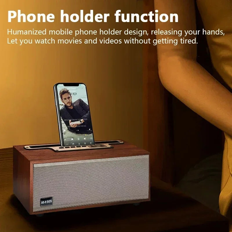 Multifunction Wooden Bluetooth Speaker TWS Wireless Subwoofer Remote Sound System Mobile Phone Holder Portable Desktop FM Radio