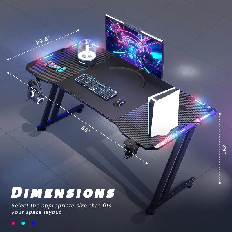 LED Gaming Desk 55 Inch Ergonomic Gamer Workstation Gamer Carbon Fibre Surface Large Compuster Desk with Cup Holder