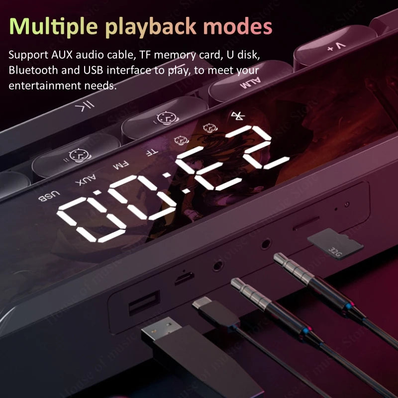 Portable Led Light Wireless Alarm Clock AUX FM BT Gaming Mechanical Keyboard Speaker Dual Horn Stereo for Computer Audio Systems