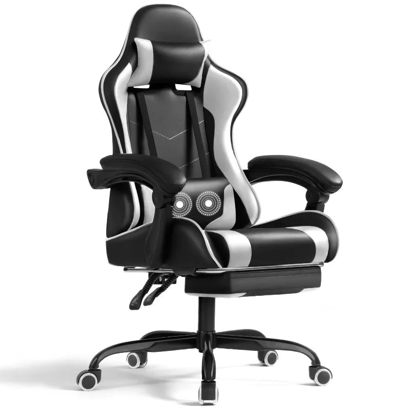 Lacoo PU Leather Gaming Chair Massage Ergonomic Gamer Chair Height Adjustable Computer Chair with Footrest &Lumbar Support,White