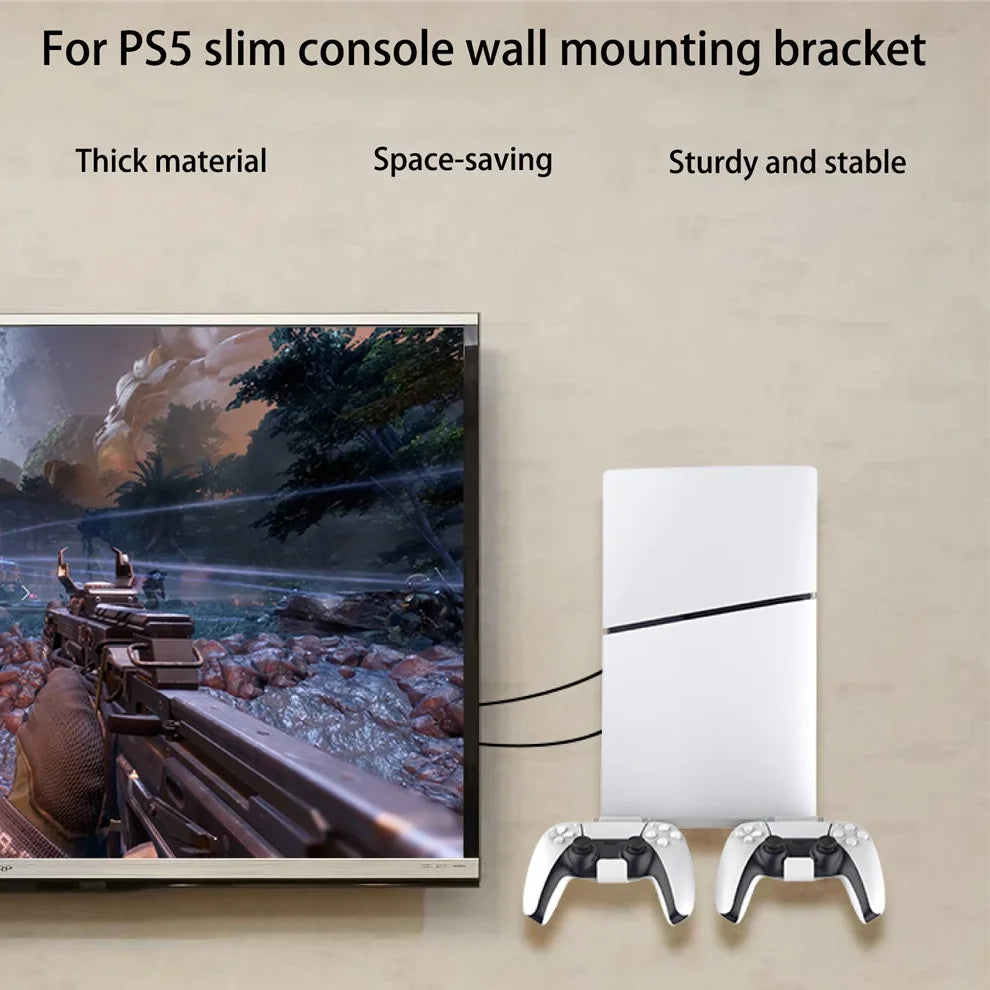 Wall Mounted Console Stand for PS5 Slim Series Holder with 2 Controller Mounts,Solid Metal Stand Kit,Easy Installation