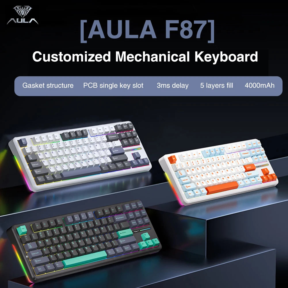 AULA F87 Mechanical Keyboard 3 Mode 2.4G/USB/Bluetooth Tri Mode Wireless Gaming Keyboard 87 Key Hotswap RGB Gasket Keyboard