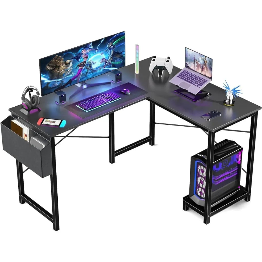 L Shaped Computer Desk Wood Corner PC Gaming Table with Side Storage Bag for Home Office Small Spaces, Black