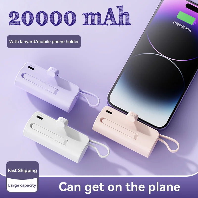 20000mAh Mini Power Bank Portable Built In Cable Type-C Lightning  Larger Capacity Charging External batteryFor IPhone Samsung