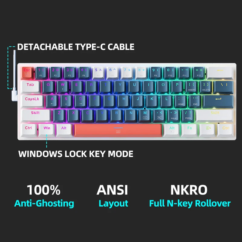 Machenike K500-B61 Mini Mechanical Keybaord 60% Form Factor 61Keys Gaming Keybaord Wired Full Key Hot-Swappable RGB Backlit