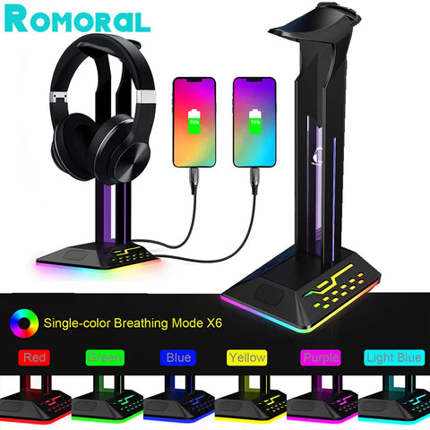 RGB Headphone Stand with Type C 2 USB Ports 3.5mm Audio for All Headsets Gamers Gaming PC Desktop Earphone Accessories Holder