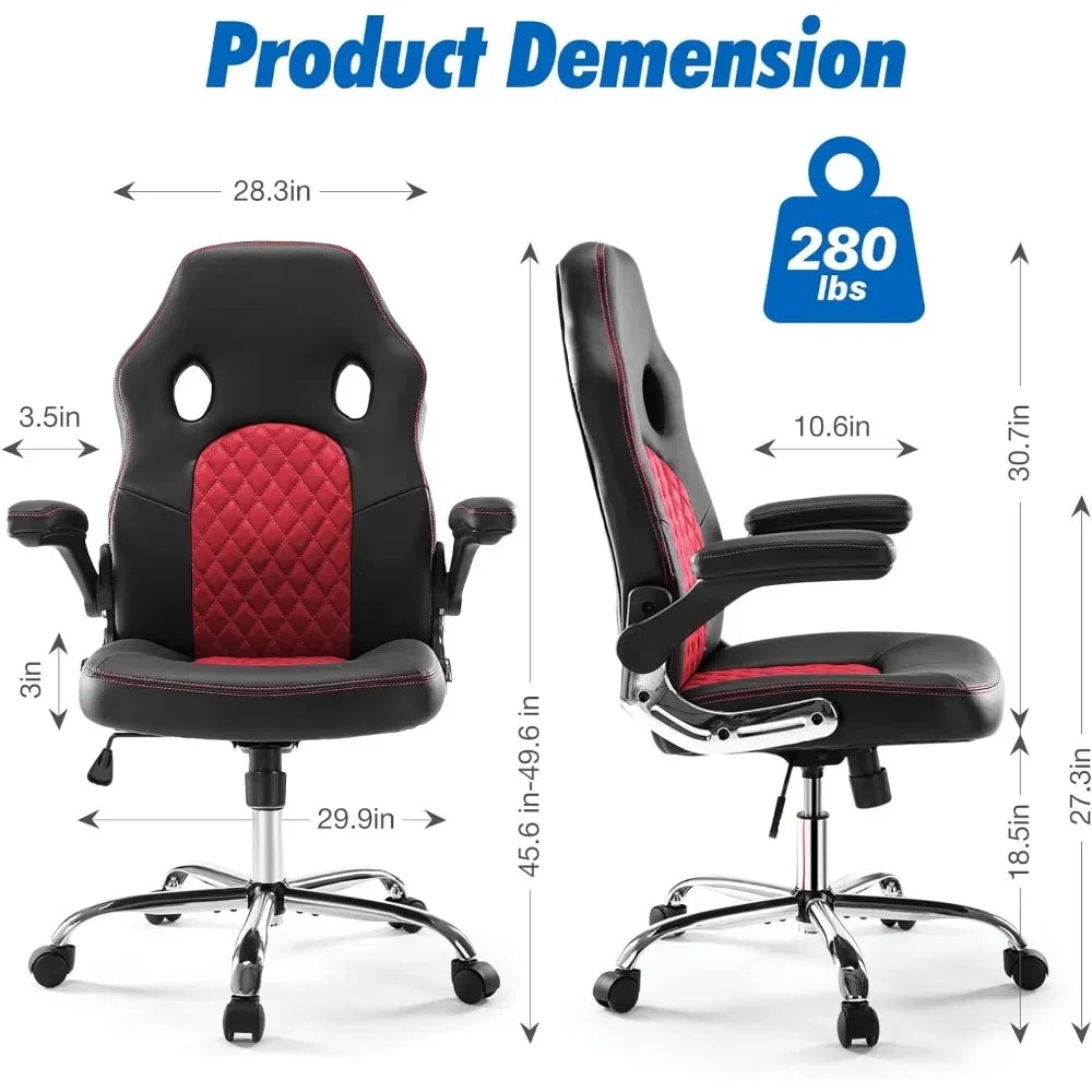 Gaming Ergonomic Desk Flip Armrests and Lumbar Support PU Leather Adult Executive Middle Back Computer Chair, Red