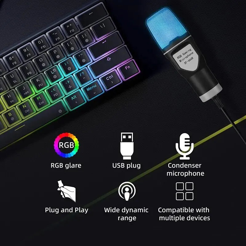 Portable USB Microphone RGB Microfone Condensador Wire Gaming Mic for Podcast Recording Studio Streaming Laptop Desktop