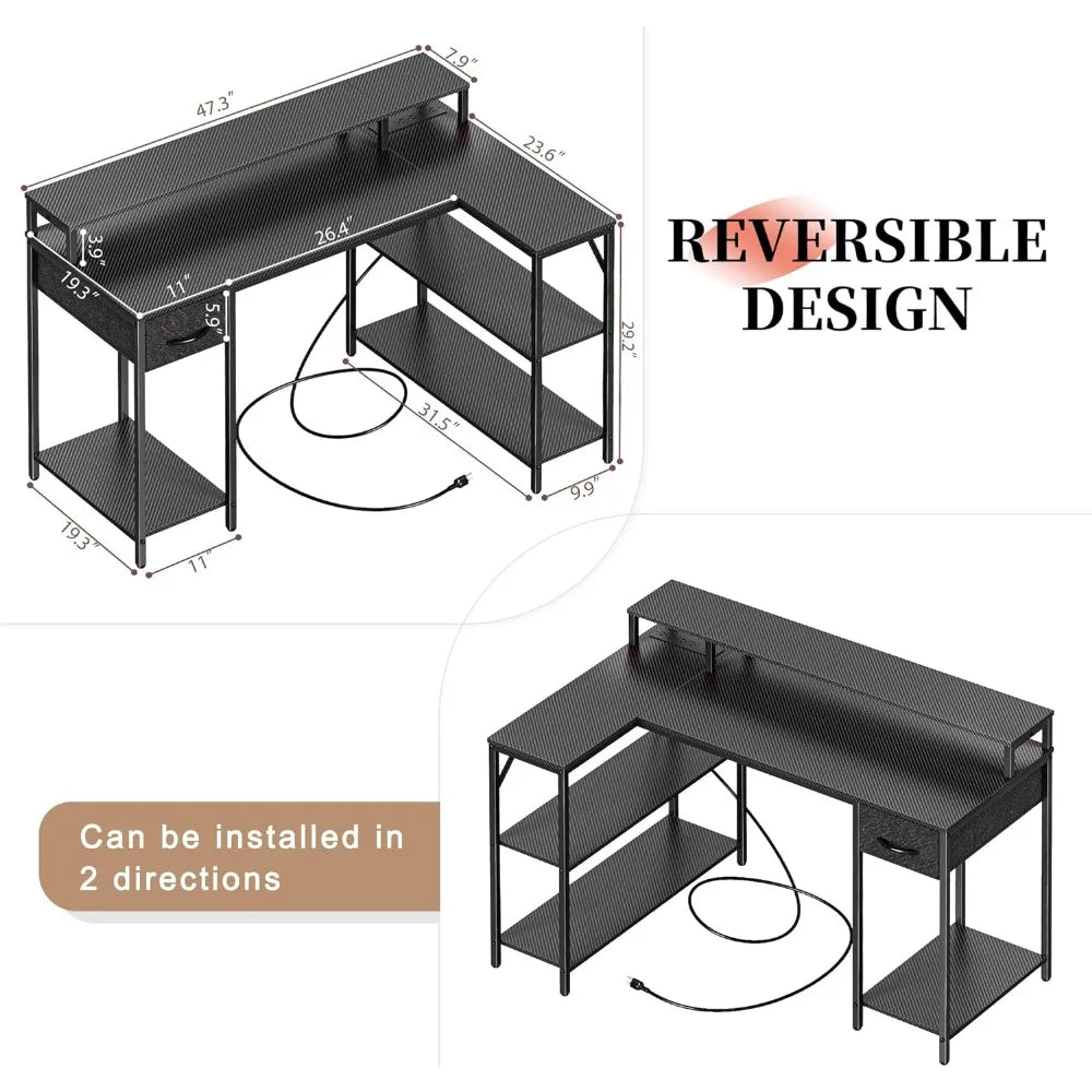 L Shaped Gaming Desk with LED Lights & Power Outlets, Reversible Computer Desk with Shelves & Drawer, Corner Desk Home