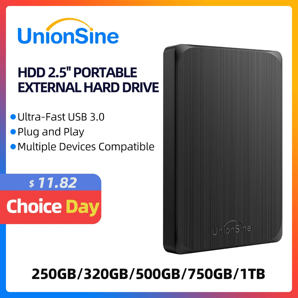 UnionSine HDD 2.5" Portable External Hard Drive 1tb/750gb/500gb/250gb USB3.0 Storage Compatible for PC,Mac,Desktop,MacBook,TV