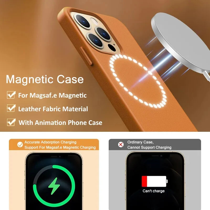 Luxury Leather For Magsafe Magnetic Case For iPhone 15 14 13 Pro Max Plus Mini With Animation Charging Phone Cases Accessories