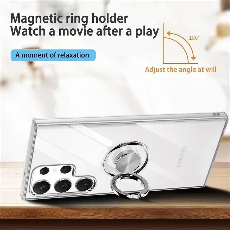 Magnetic Metal Ring Holder Transparent Phone Case for Samsung Galaxy S24 S23 Ultra S22 S21 S20 Plus Clear Silicone Soft Cover