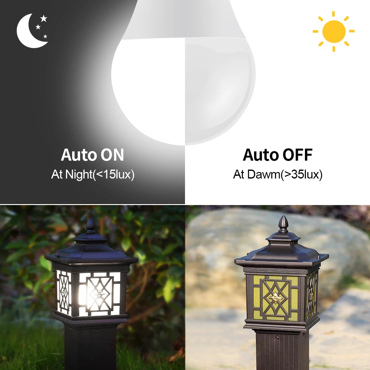 AC110V/220V Day Night Light Auto ON OFF 15W LED E27 Light Control Sensor Light Bulb Smart Lamp For Outdoor Garden Patio Porch