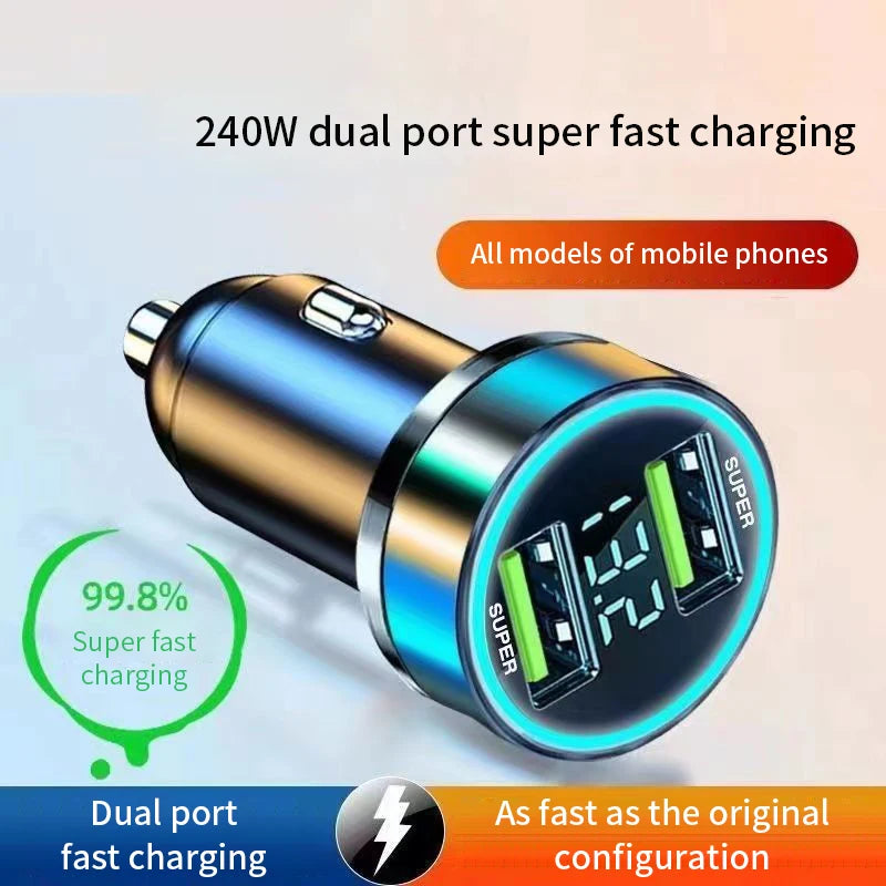 240W Car Charger Fast Charging 2 USB Ports Adapter for IPhone Samsung Xiaomi Quick Charging Chargers with Digital Display