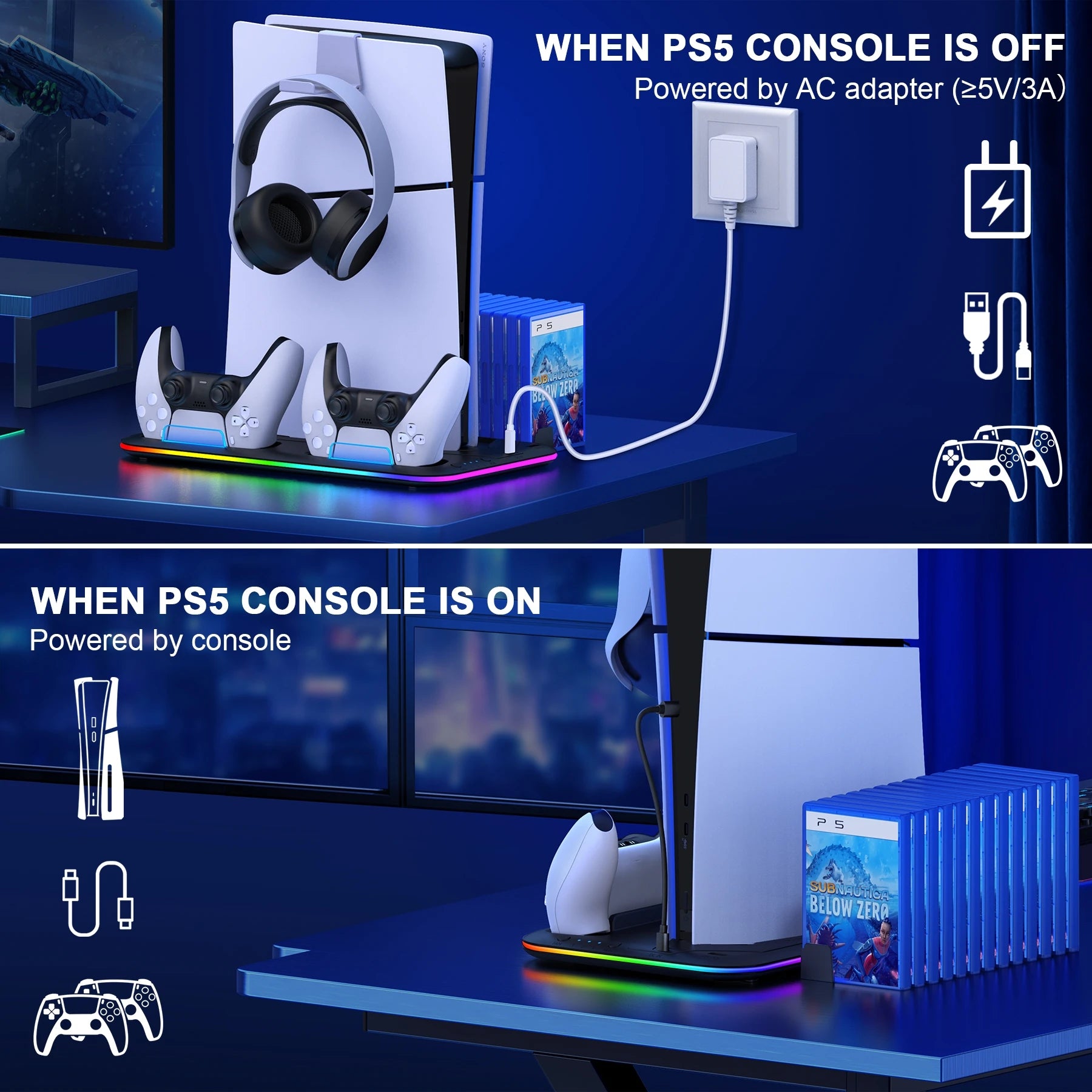 Dinofire Gaming Accessories For PS5 Slim Stand PS5 RGB Cooling Station with Cooling Fan Dual Controller Charger For Playstation5