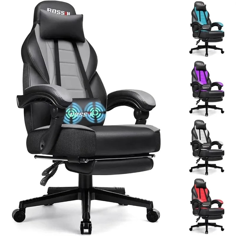 BOSSIN Gaming Chair with Massage, Ergonomic Heavy Duty Design with Footrest and Lumbar Support, Large Size Cushion