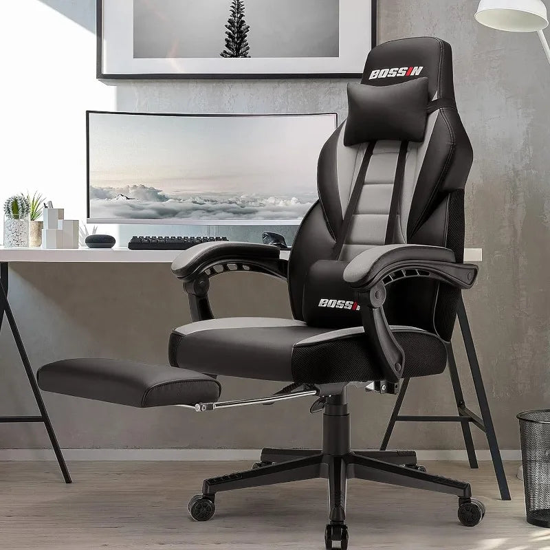 BOSSIN Gaming Chair with Massage, Ergonomic Heavy Duty Design with Footrest and Lumbar Support, Large Size Cushion