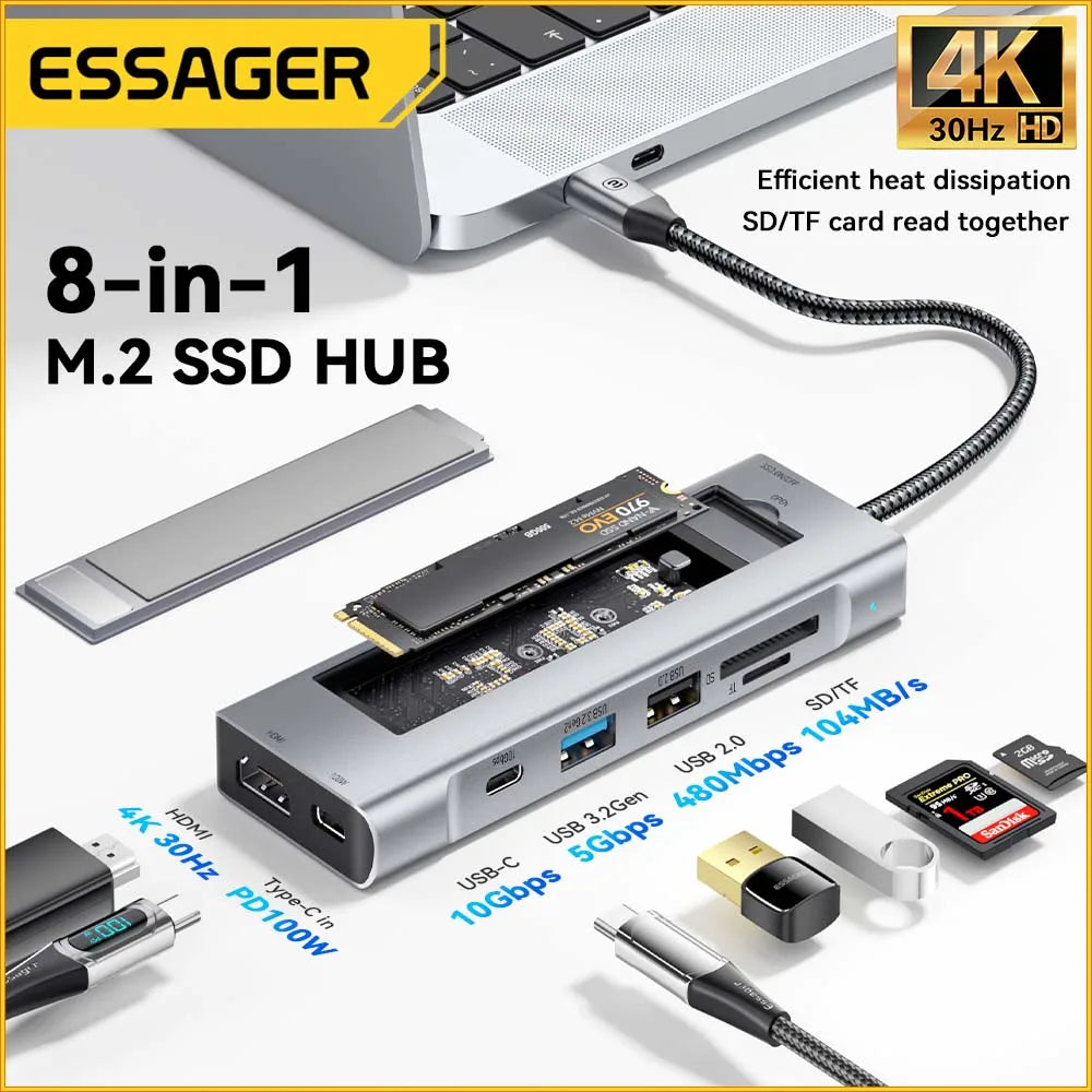 Essager 8 in 1 USB Hub With Disk Storage Function USB Type c to HDMI-Compatible Laptop Dock Station For Macbook Pro Air M1 M2