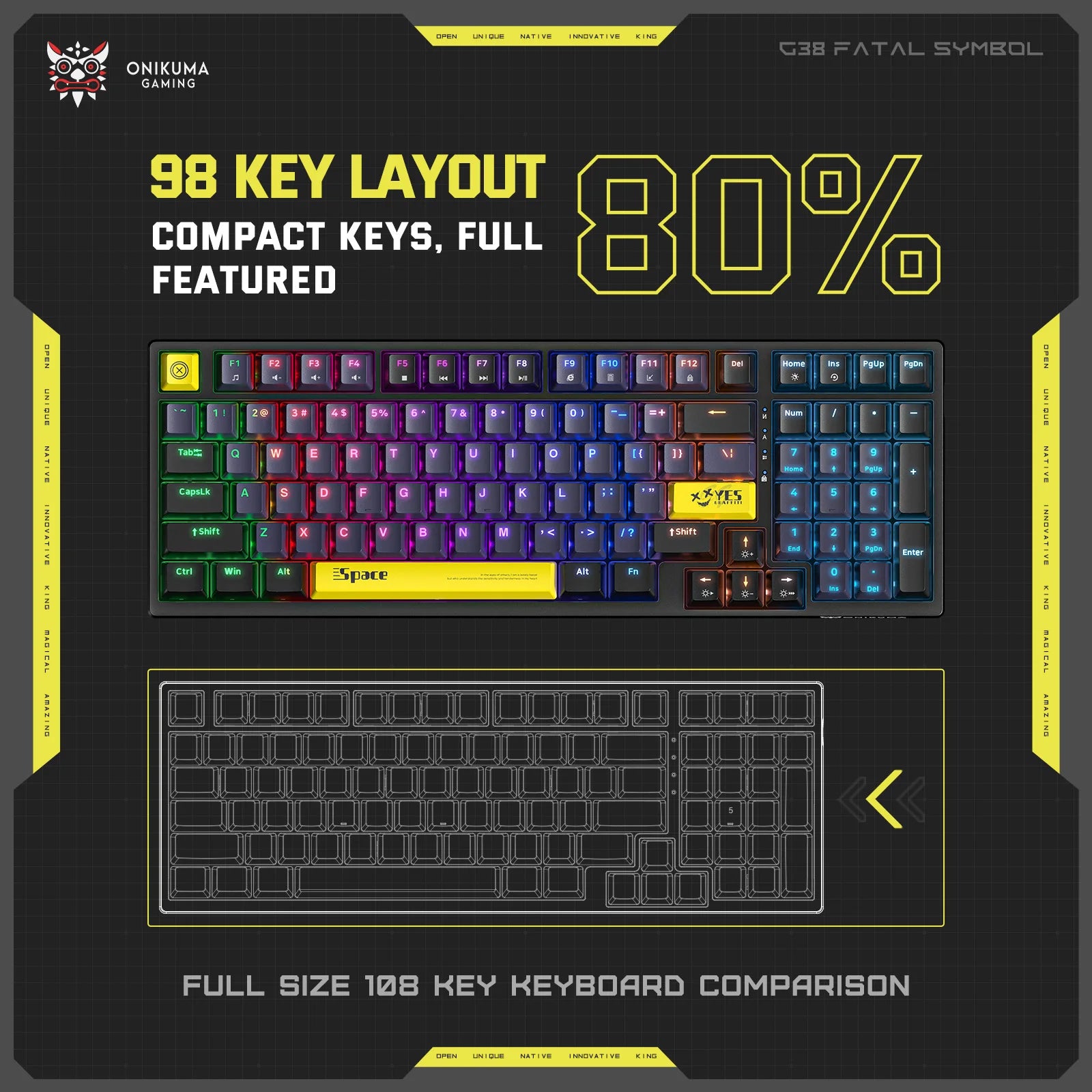 ONIKUMA Portable Fashion Gaming Keyboard Dynamic RGB Backlit Wired Type-C Mechanical Keyboard Hot Swappable 98 Keys Gamer For PC