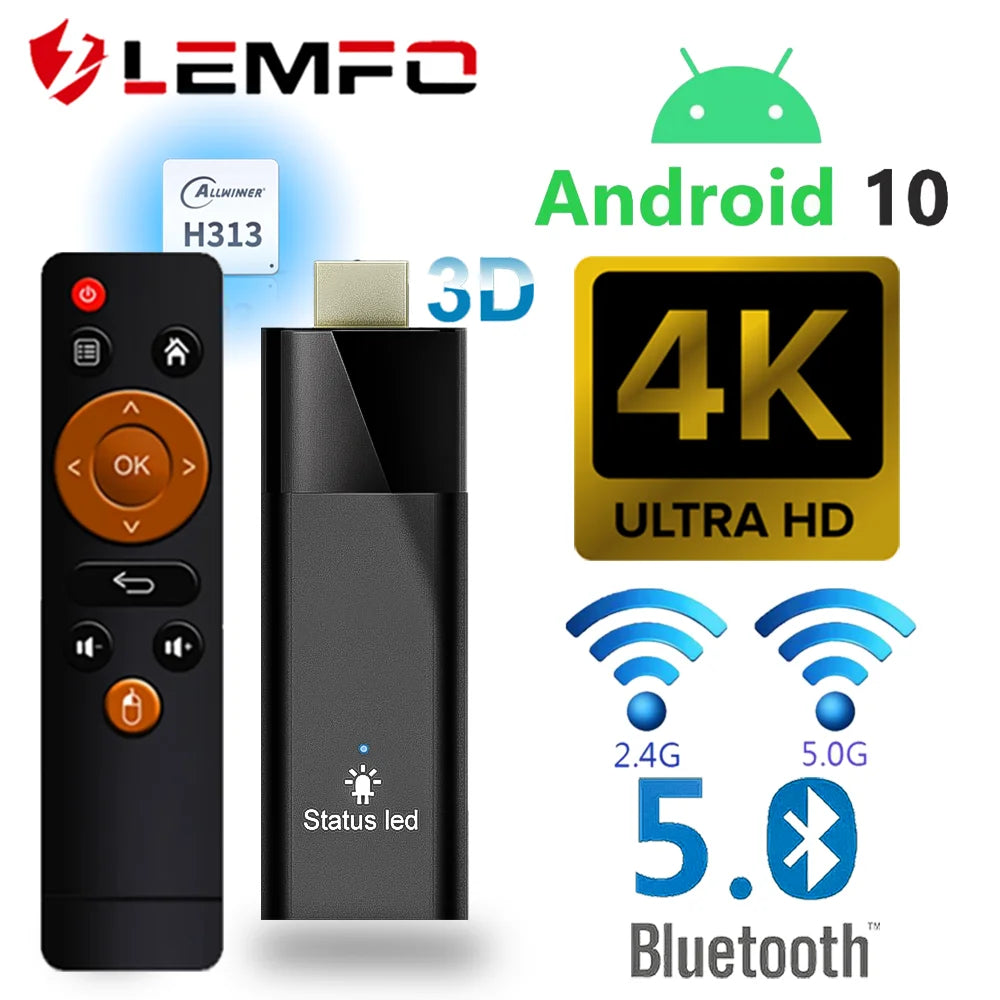 LEMFO Q6 Mini TV Stick Android 10 Allwinner H313 Quad Core Cortex A53 2GB 16GB BT5.2 HDMI2.0 4K HDR10+ WIFI H.265 Smart TV Box