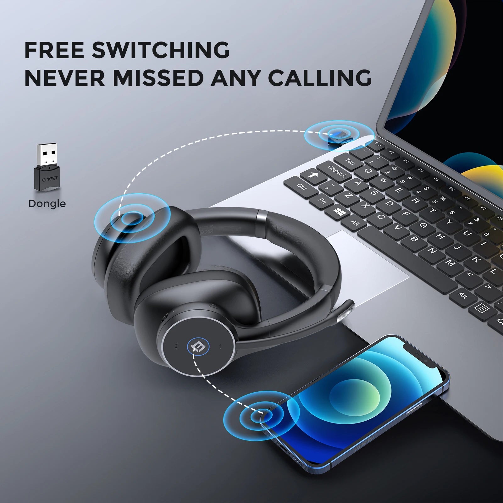 Wireless Bluetooth Headset Professional PC Headphones EMEET HS150 ANC Noise Cancelling With 6 Microphones for Home Office