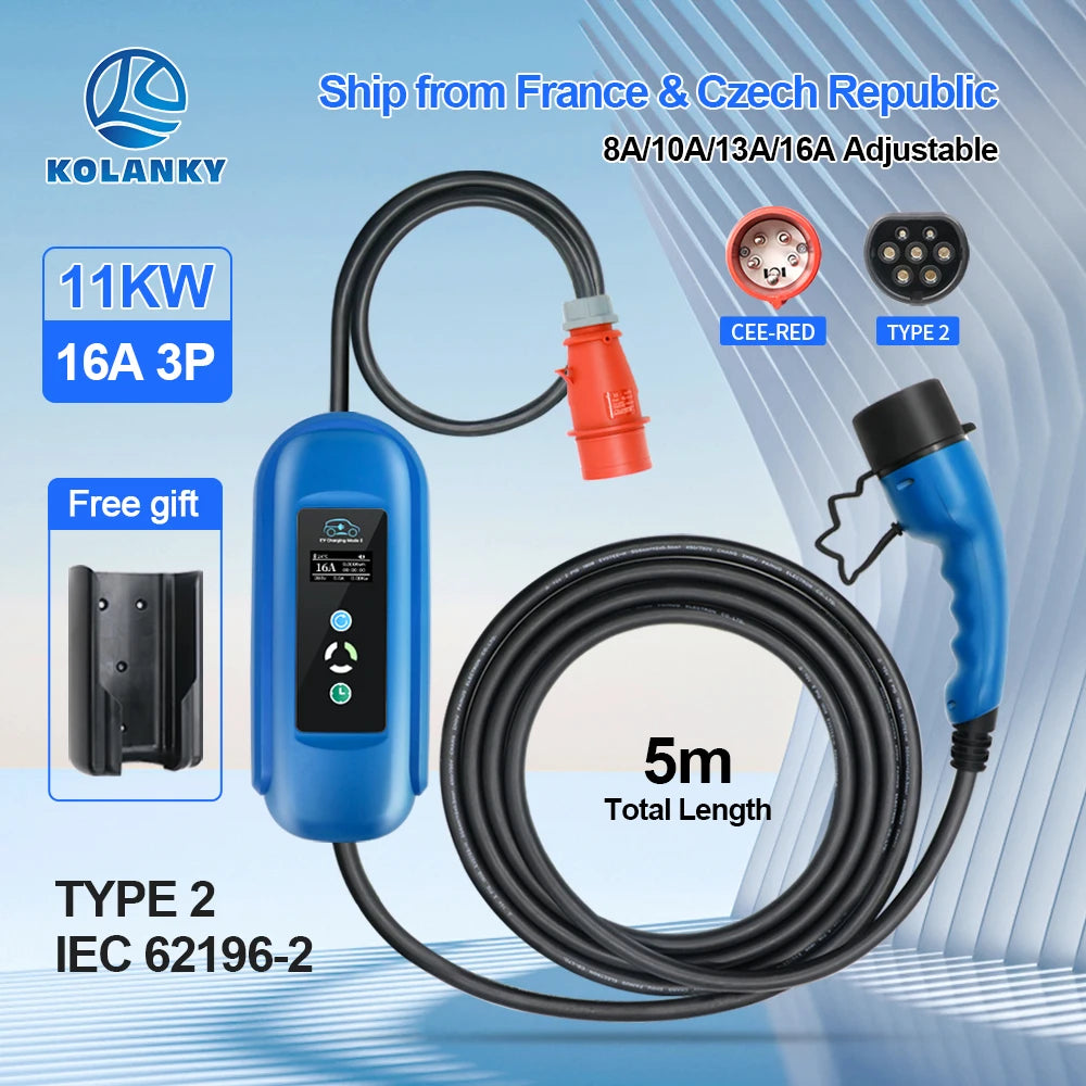 Mobile EV Charger 16A 11KW Type 2 IEC-62169 Plug Adjust Current Timer Charging For Hybrid Eletric Vehicle Cars 5M Cable