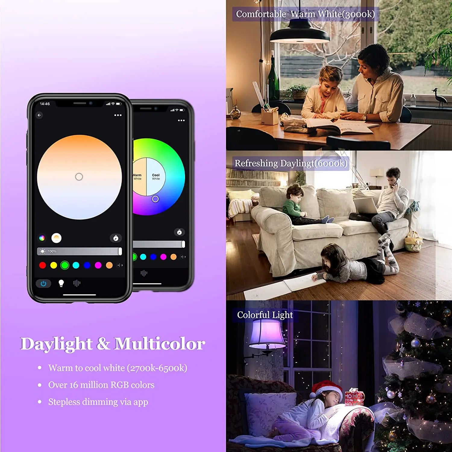 LED Smart Bulb A19 E26/E27 Color Changing LED Bulb with Music Synchronization WiFi and BLE 5.0 Dimmable RGB Smart Home Lighting