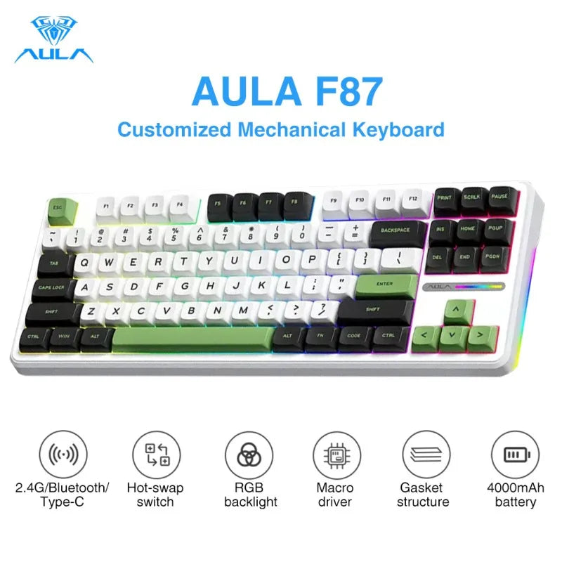 AULA F87 Mechanical Keyboard 3 Mode 2.4G/USB/Bluetooth Tri Mode Wireless Gaming Keyboard 87 Key Hotswap RGB Gasket Keyboard