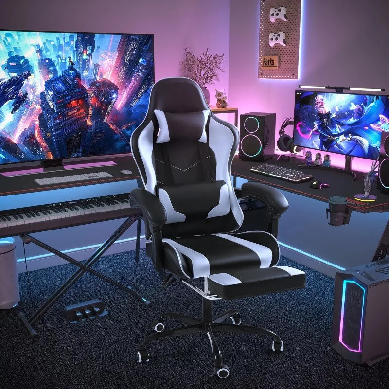 Lacoo PU Leather Gaming Chair Massage Ergonomic Gamer Chair Height Adjustable Computer Chair with Footrest &Lumbar Support,White