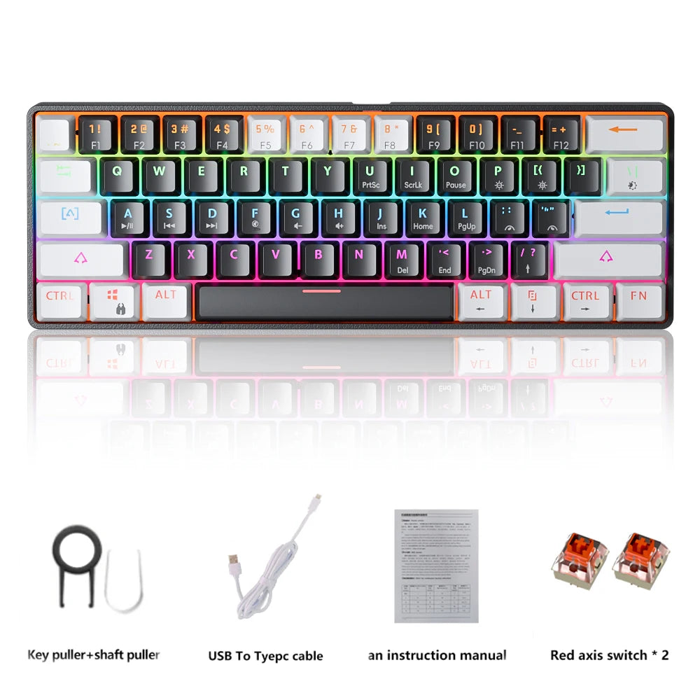 MUCAI MK61 USB Gaming Mechanical Keyboard Red Switch RGB Backlit Hot Swappable 61 Keys Wired Detachable Cable