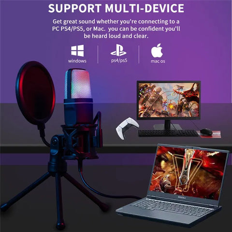 USB Microphone RGB Microfone Condensador Wire Gaming Mic for Podcast Recording Studio Streaming Laptop Desktop PC