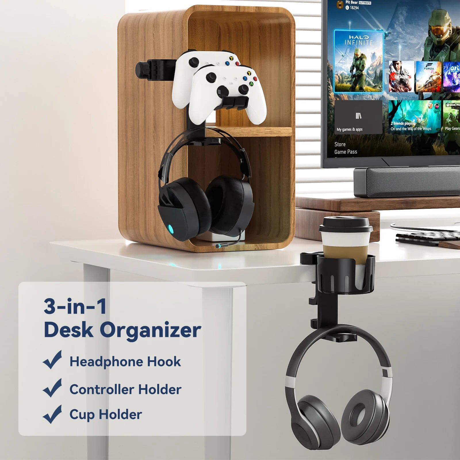 Rotable Headphone holder 3 in 1 Under Desk Clamp Controller Stand Replaceable Cup Holder for Universal Controller and Headset