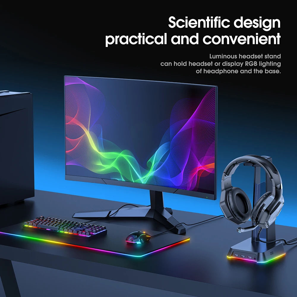 RGB Gaming Headphone Stand 3 USB Port Touch Control Strip Light Gaming Headset Holder Earphone Accessories